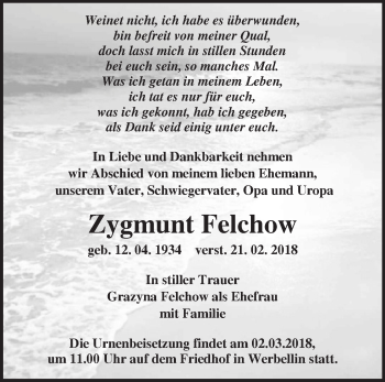 Traueranzeige von Zygmunt Felchow von Märkische Oderzeitung