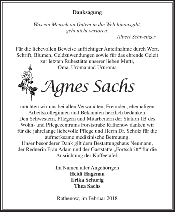 Traueranzeige von Agnes Sachs von Märkische Oderzeitung