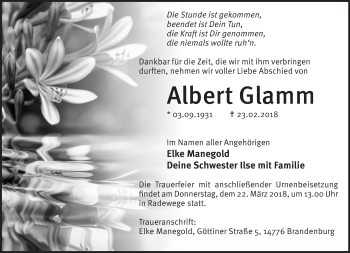 Traueranzeige von Albert Glamm von Märkische Oderzeitung
