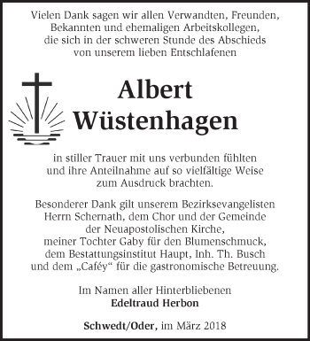 Traueranzeige von Albert Wüstenhagen von Märkische Oderzeitung