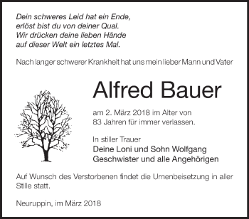 Traueranzeige von Alfred Bauer von Märkische Oderzeitung