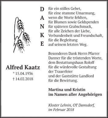 Traueranzeige von Alfred Kaatz von Märkische Oderzeitung