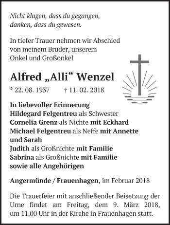 Traueranzeige von Alfred Wenzel von Märkische Oderzeitung