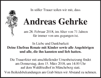 Traueranzeige von Andreas Gehrke von Märkische Oderzeitung