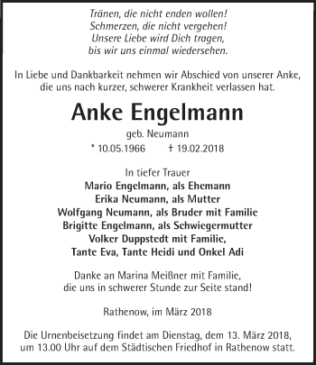 Traueranzeige von Anke Engelmann von Märkische Oderzeitung