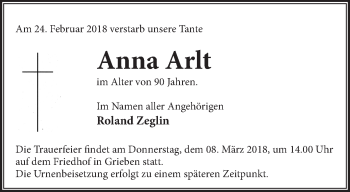 Traueranzeige von Anna Arlt von Märkische Oderzeitung