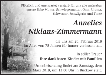 Traueranzeige von Annelies Niklaus-Zimmermann von Märkische Oderzeitung
