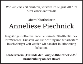 Traueranzeige von Anneliese Piechnick von Märkische Oderzeitung