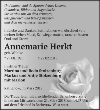 Traueranzeige von Annemarie Herkt von Märkische Oderzeitung