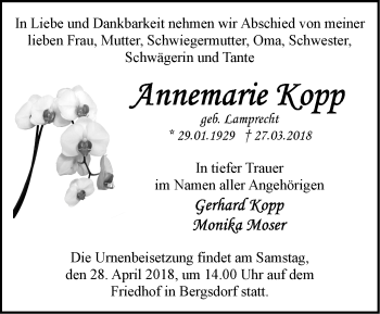 Traueranzeige von Annemarie Kopp von Märkische Oderzeitung