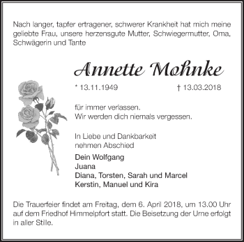 Traueranzeige von Annette Mohnke von Märkische Oderzeitung