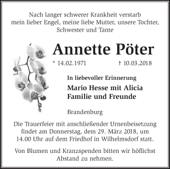 Traueranzeige von Annette Pöter von Märkische Oderzeitung