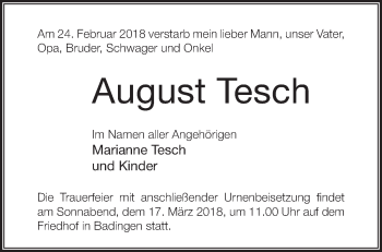 Traueranzeige von August Tesch von Märkische Oderzeitung