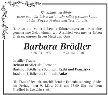 Traueranzeige von Barbara Brödler von Märkische Oderzeitung