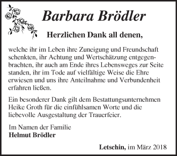 Traueranzeige von Barbara Brödler von Märkische Oderzeitung