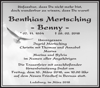 Traueranzeige von Benthias Mertsching von Märkische Oderzeitung