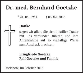 Traueranzeige von Bernhard Goetzke von Märkische Oderzeitung