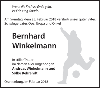 Traueranzeige von Bernhard Winkelmann von Märkische Oderzeitung