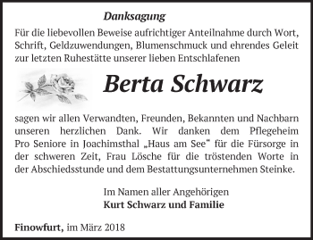 Traueranzeige von Berta Schwarz von Märkische Oderzeitung