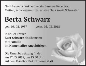 Traueranzeige von Berta Schwarz von Märkische Oderzeitung