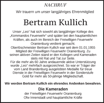 Traueranzeige von Bertram Kullich von Märkische Oderzeitung