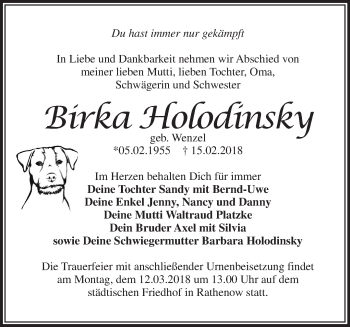 Traueranzeige von Birka Holodinsky von Märkische Oderzeitung