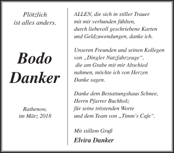 Traueranzeige von Bodo Danker von Märkische Oderzeitung