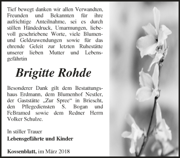 Traueranzeige von Brigitte Rohde von Märkische Oderzeitung
