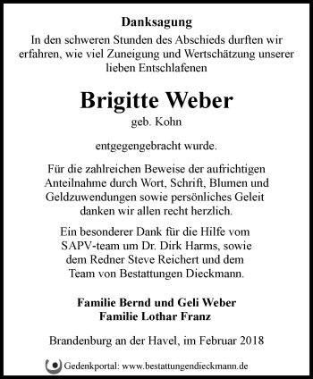 Traueranzeige von Brigitte Weber von Märkische Oderzeitung