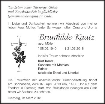 Traueranzeige von Brunhilde Kaatz von Märkische Oderzeitung