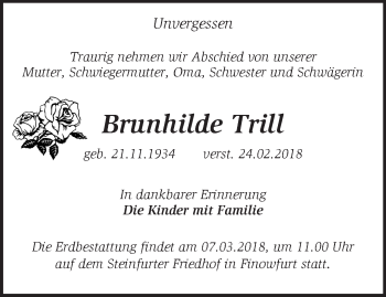 Traueranzeige von Brunhilde Trill von Märkische Oderzeitung