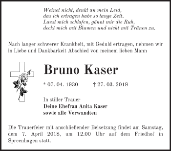 Traueranzeige von Bruno Kaser von Märkische Oderzeitung