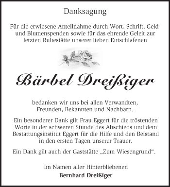 Traueranzeige von Bärbel Dreißiger von Märkische Oderzeitung