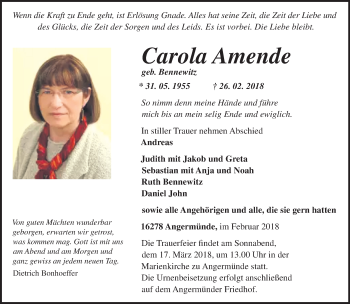 Traueranzeige von Carola Amende von Märkische Oderzeitung