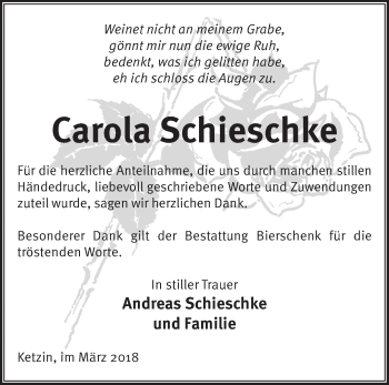 Traueranzeige von Carola Schieschke von Märkische Oderzeitung