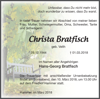 Traueranzeige von Christa Bratfisch von Märkische Oderzeitung