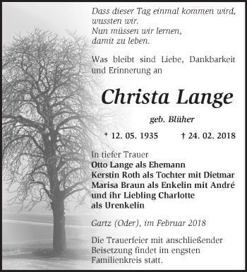 Traueranzeige von Christa Lange von Märkische Oderzeitung