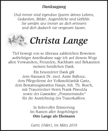 Traueranzeige von Christa Lange von Märkische Oderzeitung