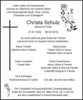 Traueranzeige von Christa Schulz von Märkische Oderzeitung