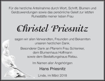 Traueranzeige von Christel Priesnitz von Märkische Oderzeitung