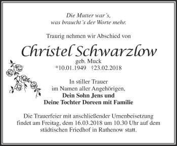 Traueranzeige von Christel Schwarzlow von Märkische Oderzeitung