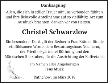 Traueranzeige von Christel Schwarzlow von Märkische Oderzeitung