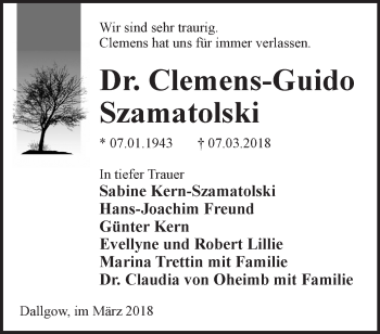 Traueranzeige von Clemens-Guido Szamatolski von Märkische Oderzeitung