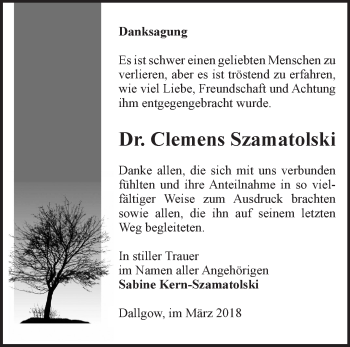 Traueranzeige von Clemens Szamatolski von Märkische Oderzeitung