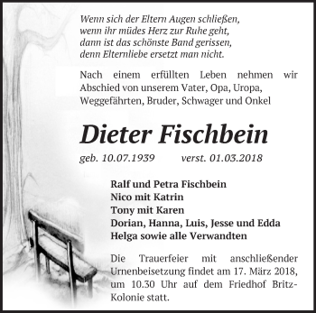 Traueranzeige von Dieter Fischbein von Märkische Oderzeitung