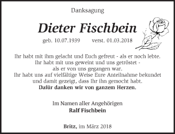 Traueranzeige von Dieter Fischbein von Märkische Oderzeitung