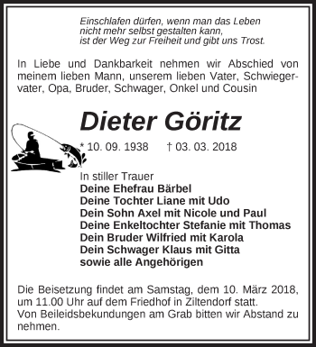 Traueranzeige von Dieter Göritz von Märkische Oderzeitung