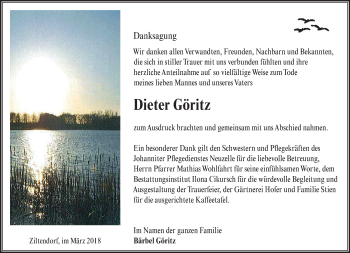 Traueranzeige von Dieter Göritz von Märkische Oderzeitung