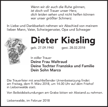 Traueranzeige von Dieter Kiesling von Märkische Oderzeitung