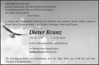 Traueranzeige von Dieter Kranz von Märkische Oderzeitung